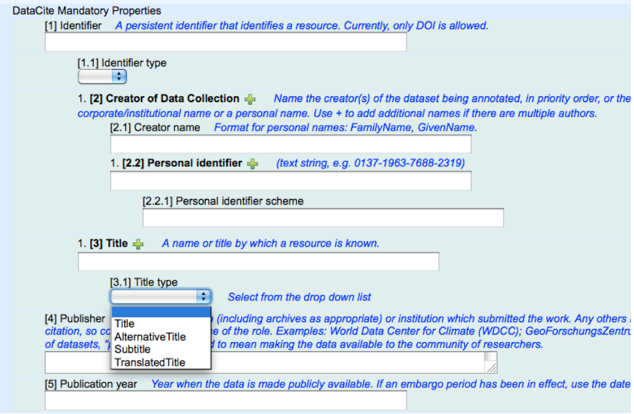 Screen shot of the initial metadata entry fields in the DataCite Metadata Entry Form