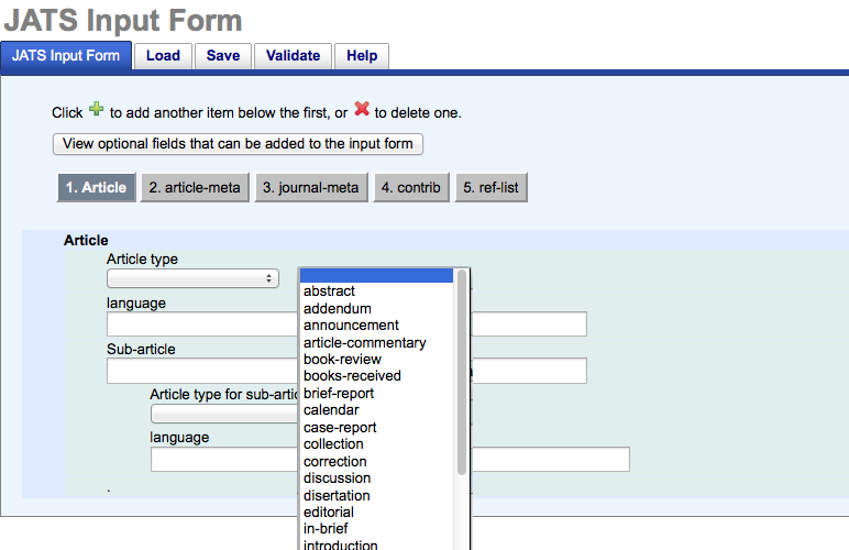Screen shot of the initial metadata entry fields in the tab of the JATS Metadata Entry Form, showing the drop-down menu for the element .